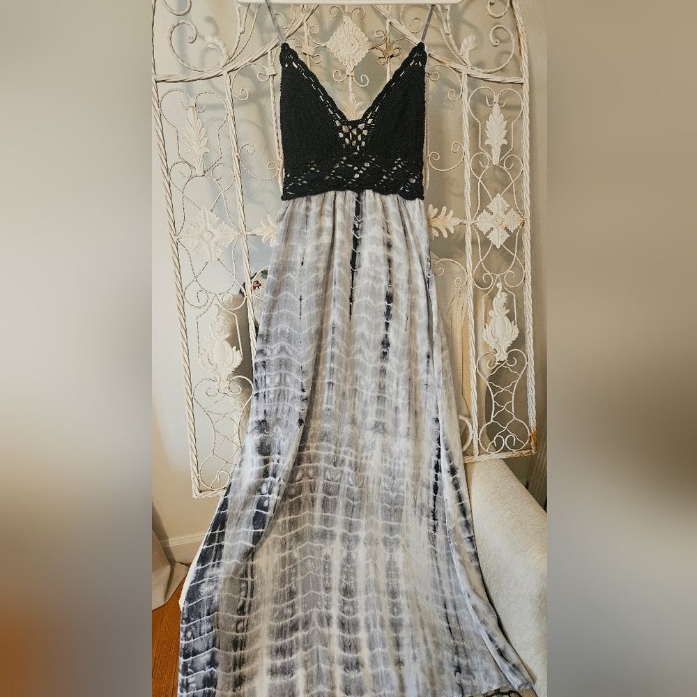 Crochet Tie Dye Maxi Dress Black Small M Boho Gray
